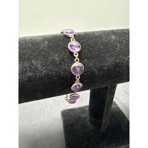 Vintage Sterling Silver Amethyst Round Cabochon Stone Bracelet 7 Inches